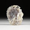 A CHINESE PALE LAVENDER JADE SCULPTURE OF GUANYIN IN LANDSCAPE, SIGNED, 