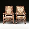 A PAIR OF CHARLES II STYLE PETIT/GROS POINT SILK AND WOOL NEEDLEWORK UPHOLSTERED WALNUT ARMCHAIRS, LATE 19TH/ EARLY 20TH CENTURY,