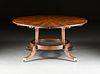 A REGENCY STYLE FLAME MAHOGANY AND PARQUETRY INLAID CIRCULAR DINING TABLE, BY E.J. VICTOR, PREMIER FURNITURE CRAFTERS, SIGNED, LATE 20TH CENTURY, 