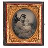[CIVIL WAR]. Sixth plate ruby ambrotype of Civil War soldier affectionately posed with his child. N.p.: n.p., [1860s].