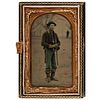 [CIVIL WAR]. CDV-sized tintype outdoor portrait of cavalryman, identified to Ira V. Casey of 1st Illinois Cavalry. N.p. n.d. 