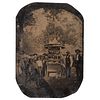 [POLITICS] -- [HARRISON, Benjamin (1833-1901)]. Full plate tintype of souvenir badge vendors at outdoor kiosk taken during Benjamin Harrison's preside