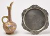 Bohemian Glass Vase, Art Nouveau Tray & Pitcher