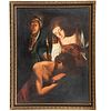 ANÓNIMO. Sansón y Dalila.  Óleo sobre tela. Enmarcado 123 x 94 cm. Detalles de conservación.