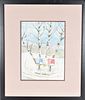 Winter Scene w Birches, Signed Watercolor