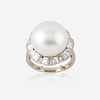 A cultured pearl, diamond, and eighteen karat white gold ring