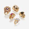 A collection of five fourteen karat gold and gem-set rings