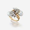 An eighteen karat gold, baroque cultured pearl, and diamond ring