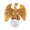 An 18K Yellow Gold Eagle & South Sea Pearl Brooch