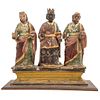 THREE WISE MEN MEXICO, 19TH CENTURY Carved and polychrome wood Conservation details. 15.7 x 14.5" (40 x 37 cm)