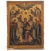 ICON CHRIST PANTOCRATOR RUSSIA, 19TH CENTURY Oil on gilded wood Conservation details, 18.8 x 14.5" (48 x 37 cm)