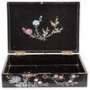 CHINESE-STYLE BOX CHINA, Ca. 1900 In ebonized wood with floral and animal decoration in mother-of-pearl shell Includes key 4.3 x 15.7 x 11" (11 x 40 x
