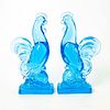 2 Transparent Blue Glass Roosters