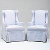 Pair of Pale Blue Linen Upholstered Wing Chairs