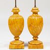 Pair of Large Carved and Faux Painted Composition Spiral Reeded Urn-Formed Lamps