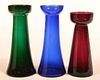 Three Blown Colored Glass Hyacinth Vases.