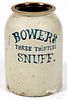 Bowers Snuff stoneware advertising crock, 19th c.