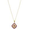 NECKLACE AND PENDANT WITH RUBIES AND DIAMONDS IN 14K YELLOW GOLD Oval and trapezoid cut rubies~0.90ct and Brilliant cut diamonds