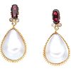 PAIR OF EARRINGS WITH HALF PEARLS, TOURMALINES, DIAMONDS AND 10K YELLOW GOLD SIMULANTS Weight: 9.8 g