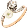 RING WITH CULTURED PEARL AND DIAMOND IN 10K PINK GOLD 1 Cream colored cultured pearl, 1 Antique cut diamond ~0.20 ct