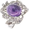 RING WITH AMETHYST AND DIAMONDS IN PALLADIUM SILVER 1 Cabochon cut amethyst ~4.0 ct, 8x8 cut diamonds ~0.15ct. Size: 6 ½