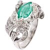 RING WITH EMERALD AND DIAMONDS IN PALLADIUM SILVER 1 Marquise cut emerald ~ 1.10 ct, 8x8 cut diamonds ~0.40 ct. Size: 6 ½