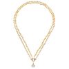 NECKLACE WITH CULTURED PEARLS AND DIAMONDS WITH PENDANT IN 14K YELLOW GOLD White ringed pearl and different cut diamonds