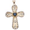 CROSS WITH SAPPHIRE AND DIAMONDS IN 8K YELLOW GOLD AND PALLADIUM SILVER Trillion cut sapphire ~2.50 ct, different cut diamonds