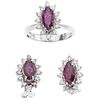 SET OF RING AND PAIR OF EARRINGS WITH RUBIES AND DIAMONDS IN PALLADIUM SILVER Marquise cut rubies ~2.0 ct, brilliant cut diamonds