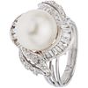 RING WITH CULTURED PEARL AND DIAMONDS IN 10K WHITE GOLD White pearl, Trapezoid baguette and 8x8 cut diamonds
