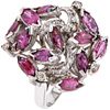 RING WITH RUBIES AND DIAMONDS IN PALLADIUM SILVER Marquise cut rubies ~1.50 ct, 8x8 cut diamonds ~0.10 ct. Size: 7 ¼