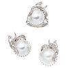 SET OF RING AND PAIR OF EARRINGS WITH HALF PEARLS AND DIAMONDS IN PALLADIUM SILVER White half pearls, 8x8 cut diamonds ~0.20ct