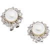 PAIR OF STUD EARRINGS WITH CULTURED PEARLS AND DIAMONDS IN PALLADIUM SILVER White pearls, 8x8 cut diamonds ~0.16 ct