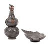 Two Chinese Hardstone Inset Pewter Articles