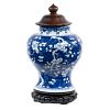 CHINESE QING DYNASTY PORCELAIN GINGER JAR WITH WOODEN LID AND STAND
