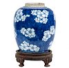 LATE QING CHINESE PORCELAIN GINGER JAR WITH REMNANTS OF RETICULATED WOODEN LID & WOODEN STAND