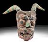 Vintage Guatemalan Painted Wood Devil Mask w/ Ram Horns