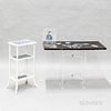 Wood Table with Decoupage on a Lucite Base, a Lucite Tray, and a White Bamboo Side Table