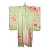 Japanese 1950s vintage handwoven silk satin furisode kimono, hand decorated