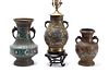 3 PCS, ASIAN CLOISONNE URNS, ONE MOUNTED AS LAMP