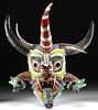 Vintage Mexican Painted Wood, Horn, Bone & Leather Mask