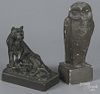 Pompeian Bronze Co. patinated tiger bookend, early 20th c., 7'' h., together with a chalk owl, signed