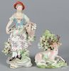 Two Derby porcelain figures, 19th c., to include a stag, 4'' h., and a woman with an egg basket