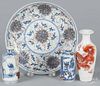 Chinese ducai porcelain dish, 6 3/4'' dia., together with two scent bottles and a small dragon vase.
