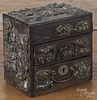 Chinese hardwood dresser box with relief metal appliqués, 4 1/2'' h., 4 3/4'' w.
