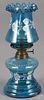Miniature enameled cobalt oil lamp, ca. 1900, 8 1/2'' h.