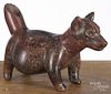 Colima pre-Columbian pottery dog vessel with red glaze, black speckling, a tail-formed spout