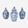 Three Dutch Delft Blue and White Jars with Covers 18th/19th century