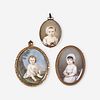 English and American School 18th/19th Century A group of three portrait miniatures of children holding animals