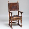 Large Italian Baroque Walnut, Parcel-Gilt and Gilt-Embossed Leather Armchair, Possibly Florence